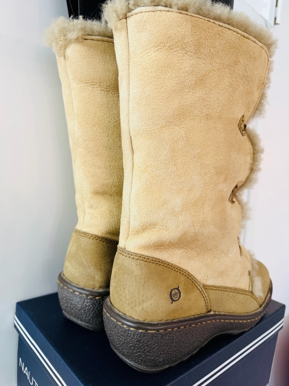Børn Concept Tan Suede Shearling Fur Lined Winter Boots Wedge Toggle Mid Calf - Picture 7 of 11